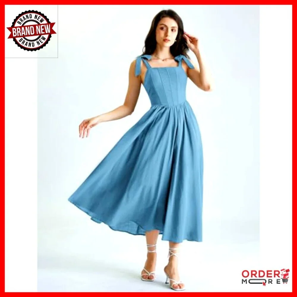 Renaissance Corset Dress Cottagecore Sundress Square Neck Flared A-Line - Picture 4 of 7